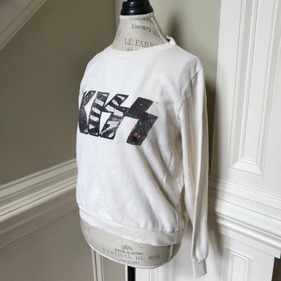KISS Pull Over Sweatshirt Womens Medium Cream Animal Print Crew Neck Long Sleeve - Picture 6 of 11